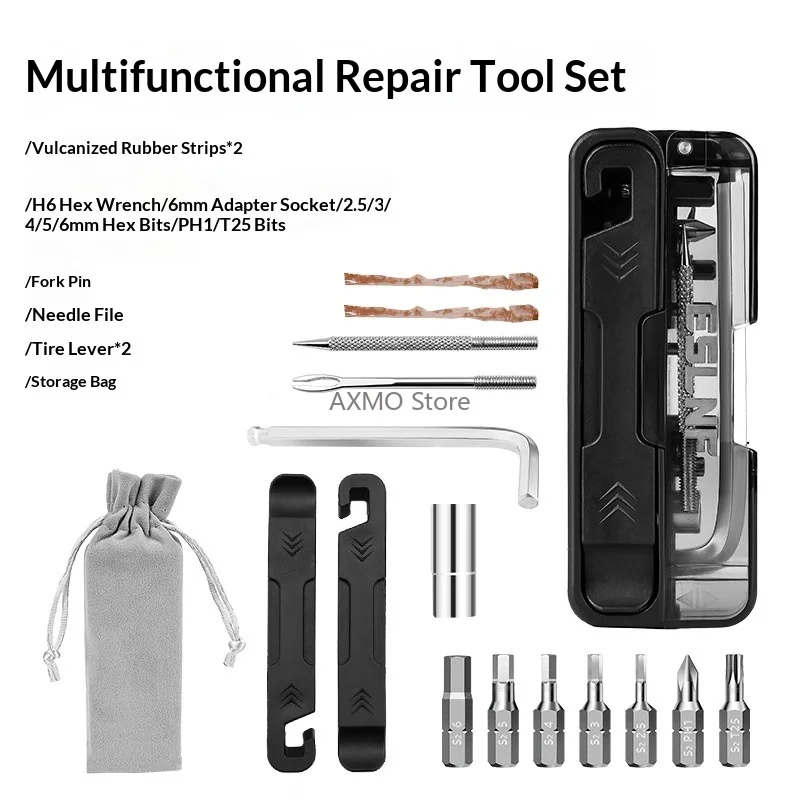 Portable Bicycle Repair Tool Kit 14-in-1 Multifunctional Tire Lever Patch Set Hex Wrench Bicycle Repair Accessories