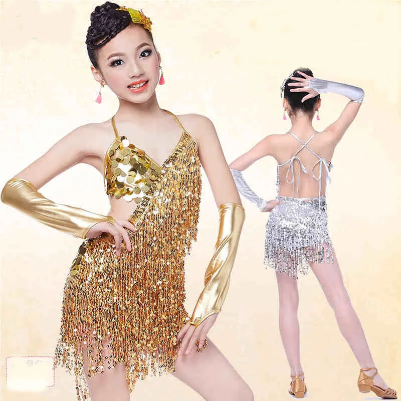 Abito con frange di paillettes danza costumi da competizione latino in oro per ragazze abiti da Salsa con nappe abbigliamento Samba sala da ballo per bambini