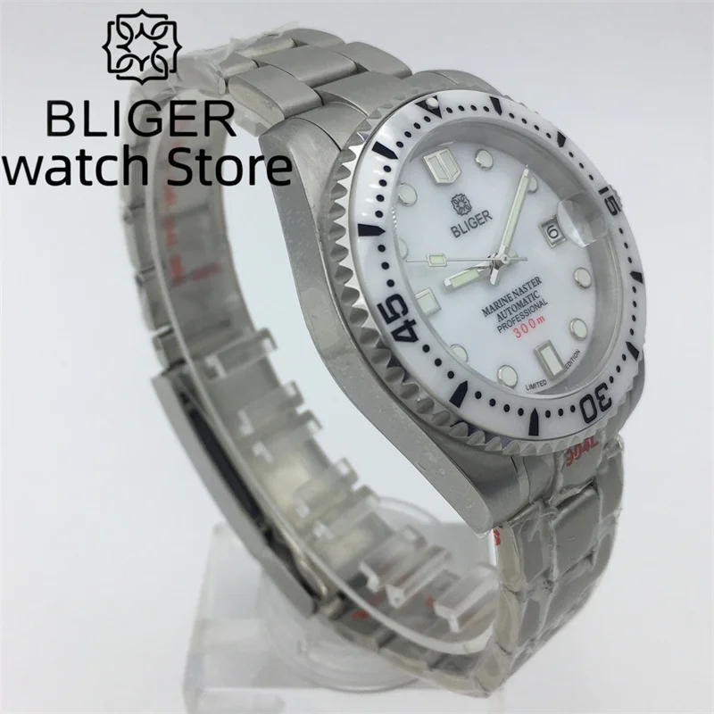 BLIGER 40mm NH35A Automatic Men Watch White Ceramic Insert Brushed Steel Bracelet White shell Dial Date Luminous Sapphire Glass