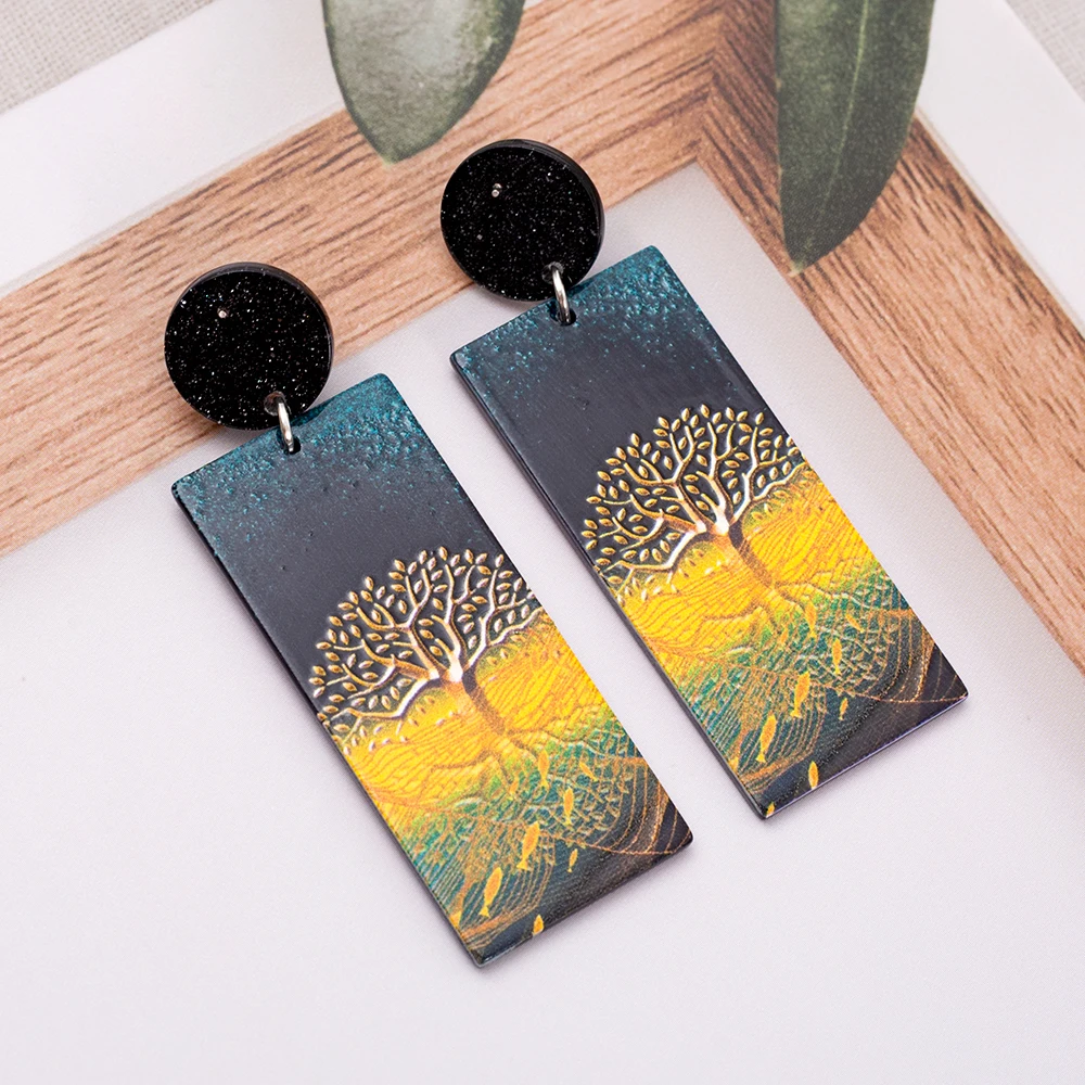 New Fashion Christmas Style Gold Color Tree Of Life Relievo Printing Acrylic Vintage Earrings For Women Elegant Girls Jewelry