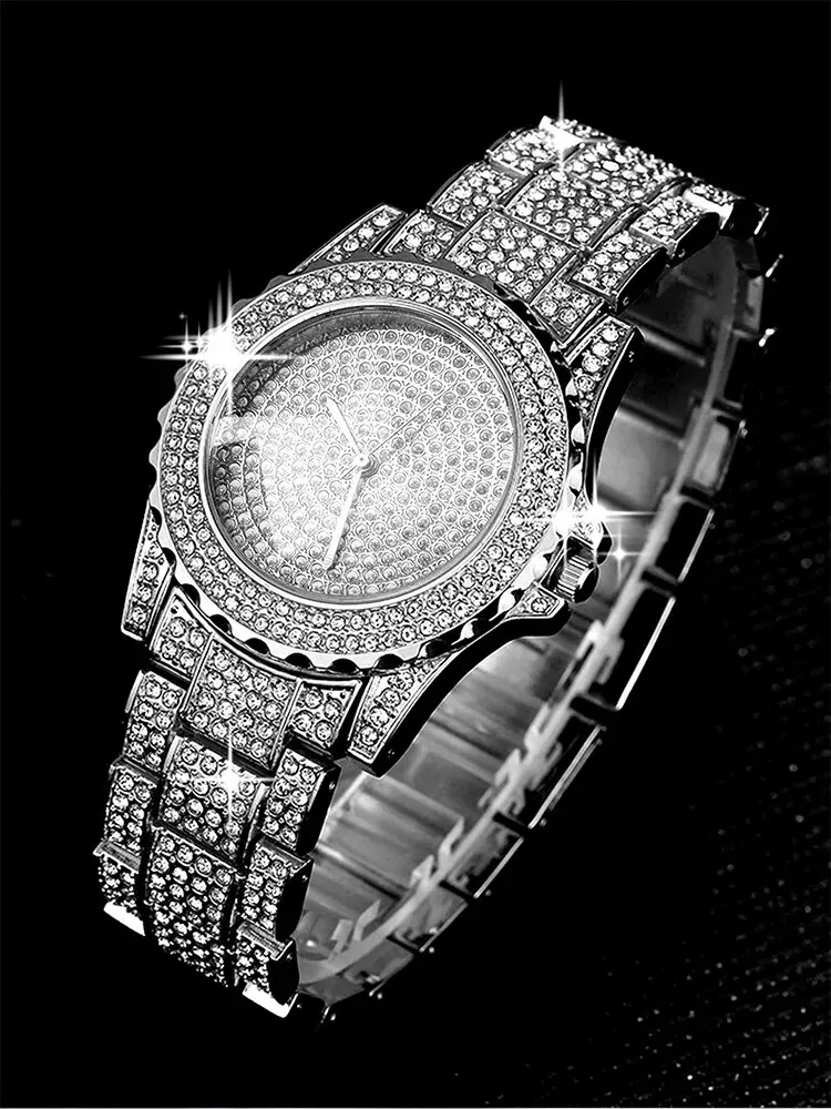 2pcs Stylish Shiny Full Diamond MEN\'S Large Dial Steel Band Quartz Watch with Diamond Inlaid Chain Bracelet Set