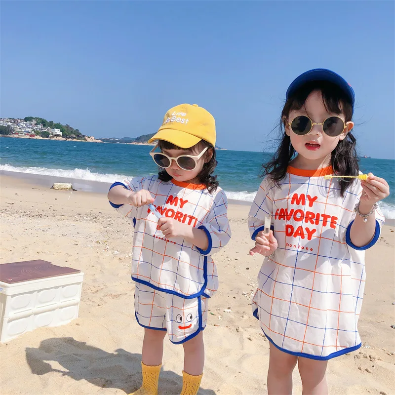 2024 Korean Summer Children Boys Clothes Set Korean Style Short Sleeve T-Shirt Shorts Girls Dress Suit Brother And Sister Set 