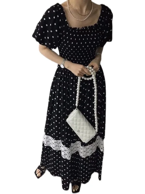 Vestido largo e de verano con lunares y encaje, vestido largo e con cintura ajustada para mujeres jóvenes de lo...