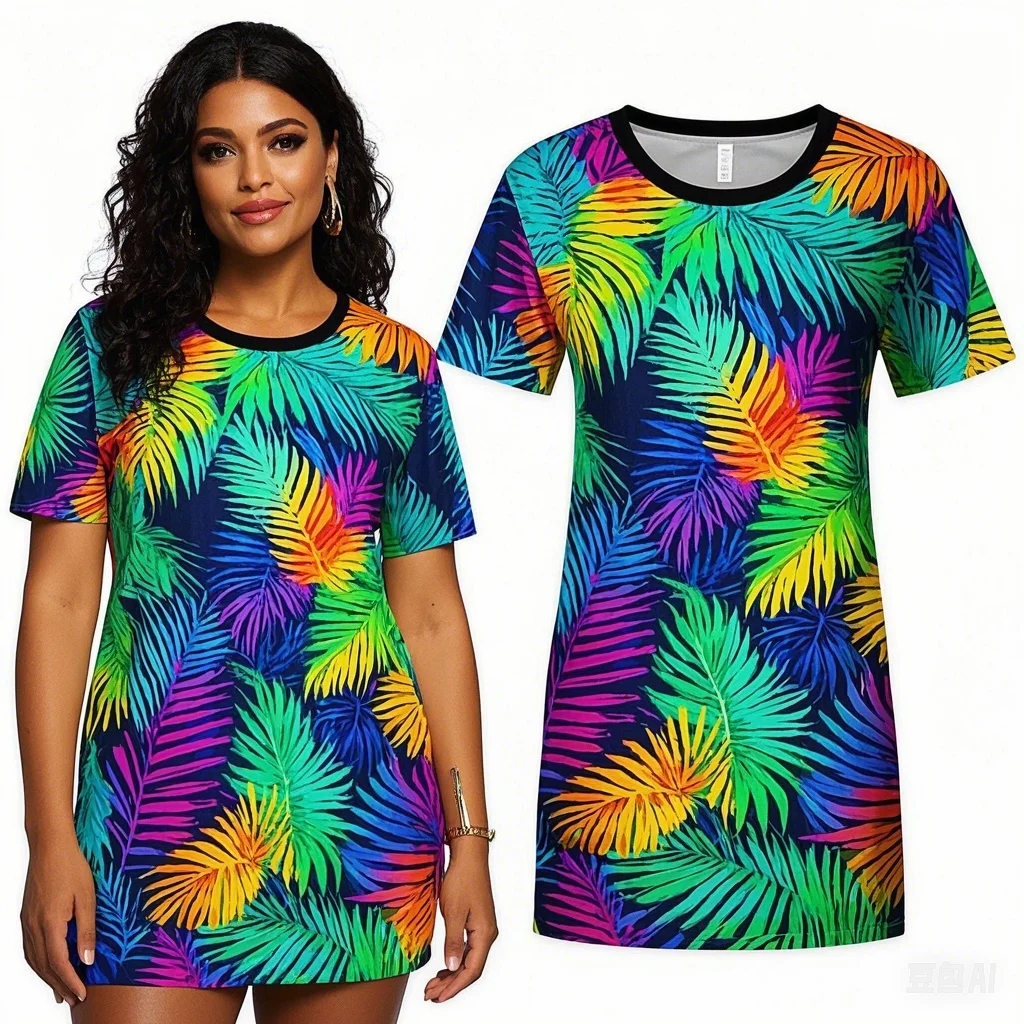 

Plus-Size Women's Casual T-shirts Summer Comfortable Short-Sleeved Simple Women's Printed Striped Resort-Themed Dress