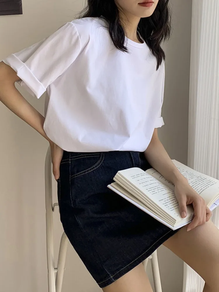 ECR Minimalist Basic T Shirts For Women Round Neck Short Sleeve Solid Casual Loose Summer Shirts Female Fashion Clothes New 2024