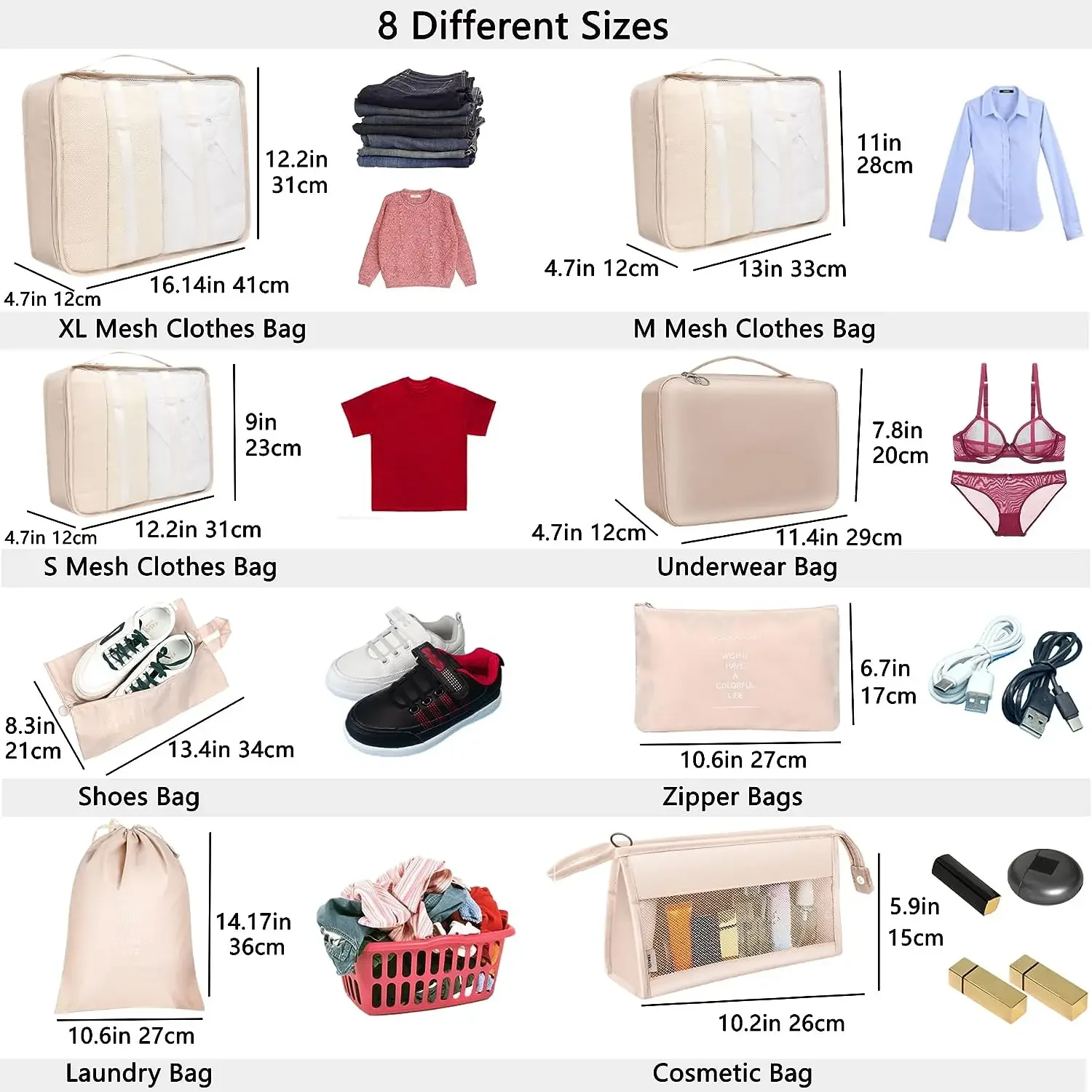 

7pc Packing Cubes Set for Suitcases Travel Luggage Organizer with Shoe Cosmetic Clothing Accessories Bags - Suitcase Packing Cub