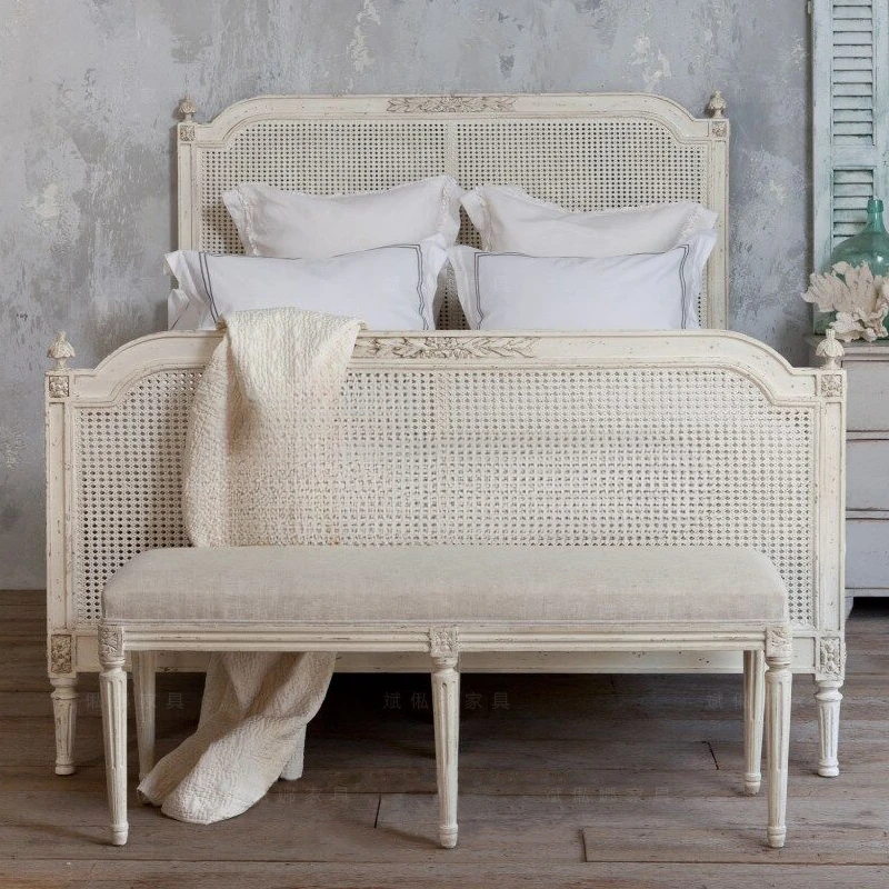 American style rural double bed retro vintage rattan woven solid wood carved rattan princess