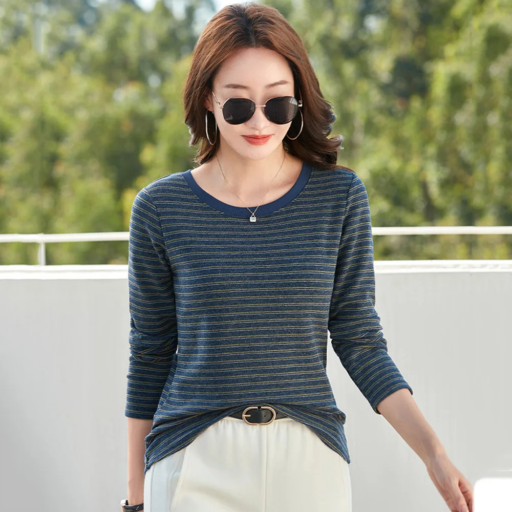 

New Spring Casual Striped T-shirt Women Fashion O-Neck Long Sleeve Loose T-shirt Simplicity Daily Basic T-shirt Female