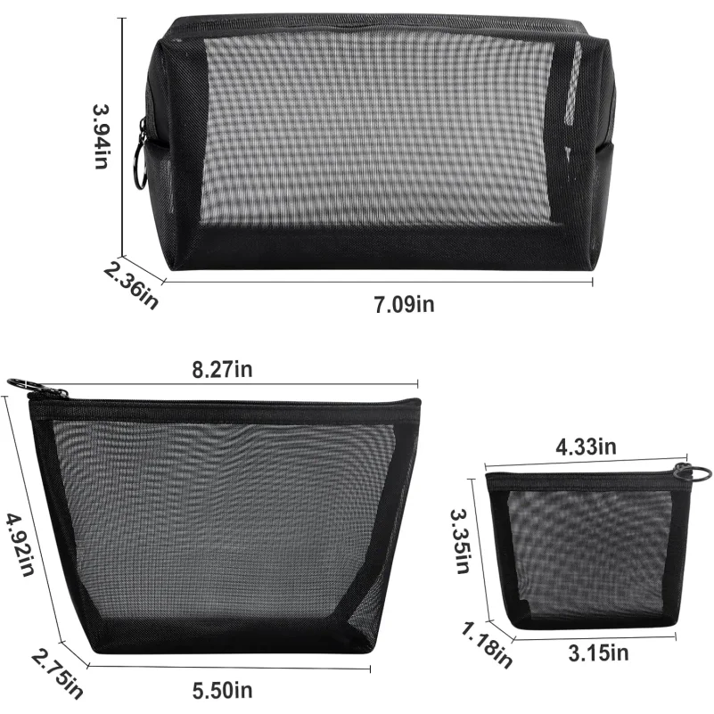 3-Pack Mesh Cosmetic Bag Set - Travel/On-The-Go Makeup Storage, Zipper Closure Small Pouch