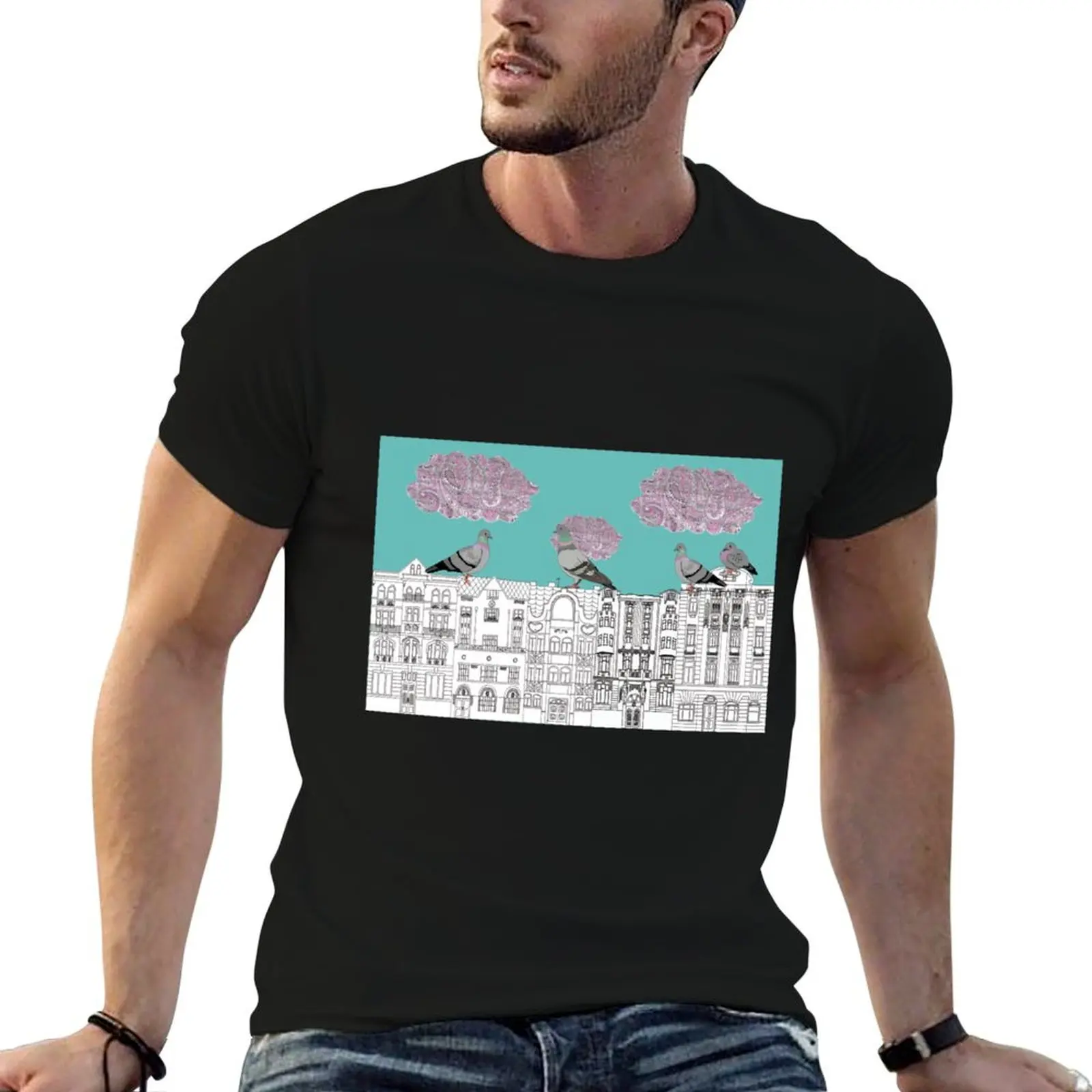 Pigeons on Vrsovice, Pigeons on Czech buildings, Prague art nouveau buildings, pigeons T-Shirt Plus Size Short Sleeve T-Shirt