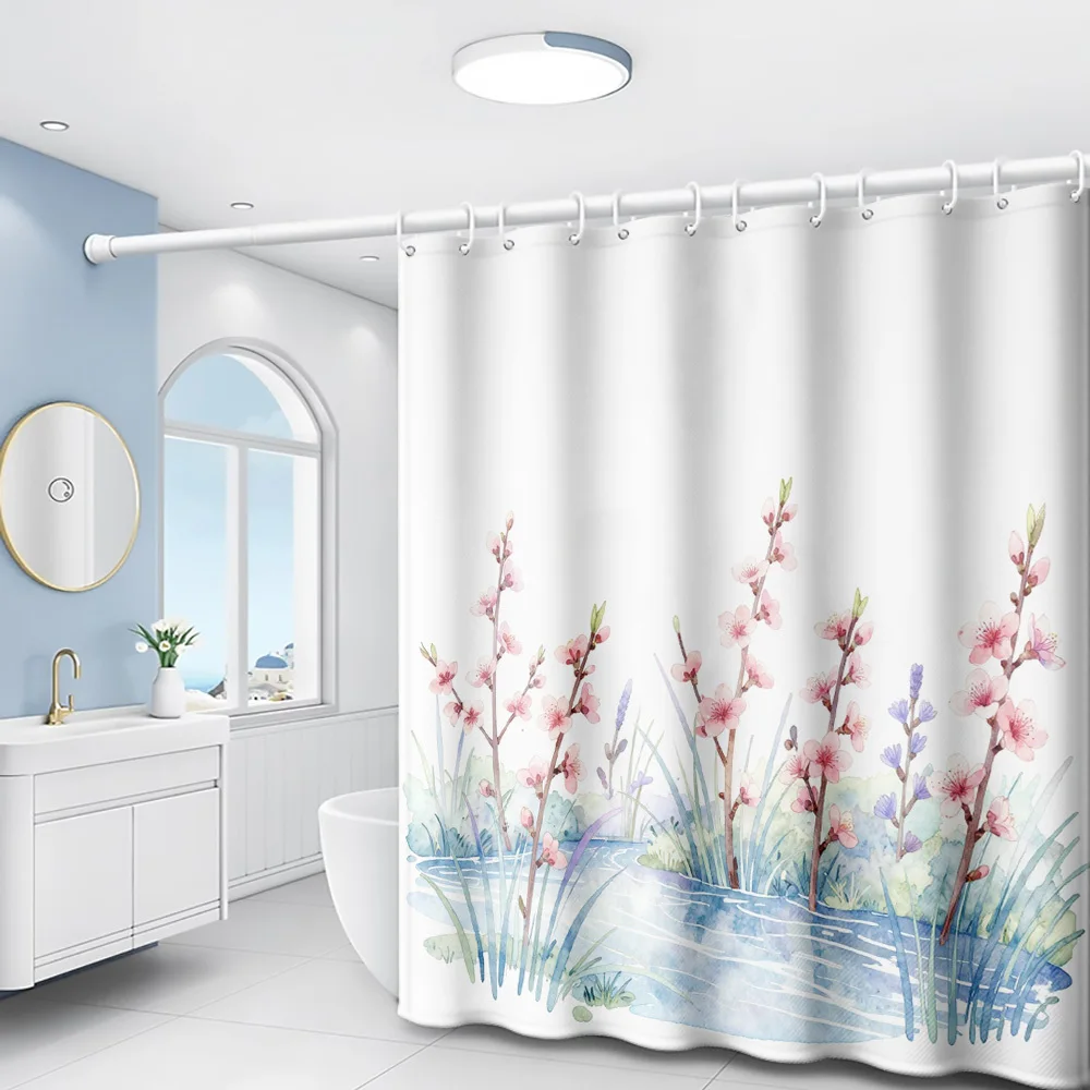1pc Watercolor Style Streamside Peach Greenery Plant Fresh Natural Style Printed Shower Curtain Bathroom Home Decor Shower Curta