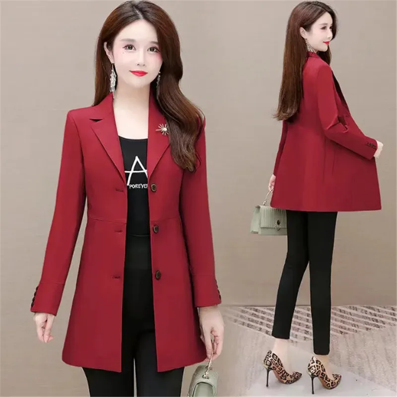 Spring Autumn Mid-Long Suit Jacket Women 2023 New Loose Blazer Vintage Coat Single-Breasted Outerwear Fashion Brooch Tops Female