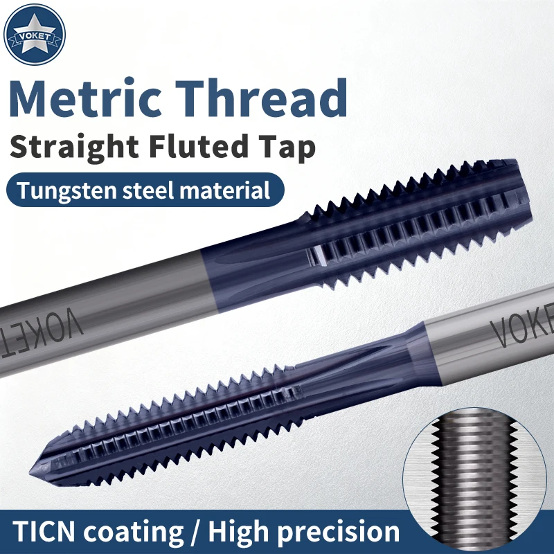 VOKET Carbide Tungsten Steel JIS Standard With TICN Straight Fluted Tap M2 M3 M4 M5 M6 M8 Machine Thread Taps For HRC 55° - 62°