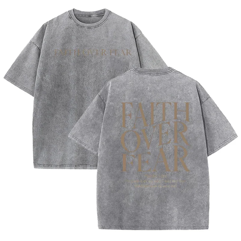 Retro-T-Shirt mit der Aufschrift „Faith Over Fear“ und Bibelvers-Aufdruck, gewaschenes Beige, Streetwear – Detail 6
