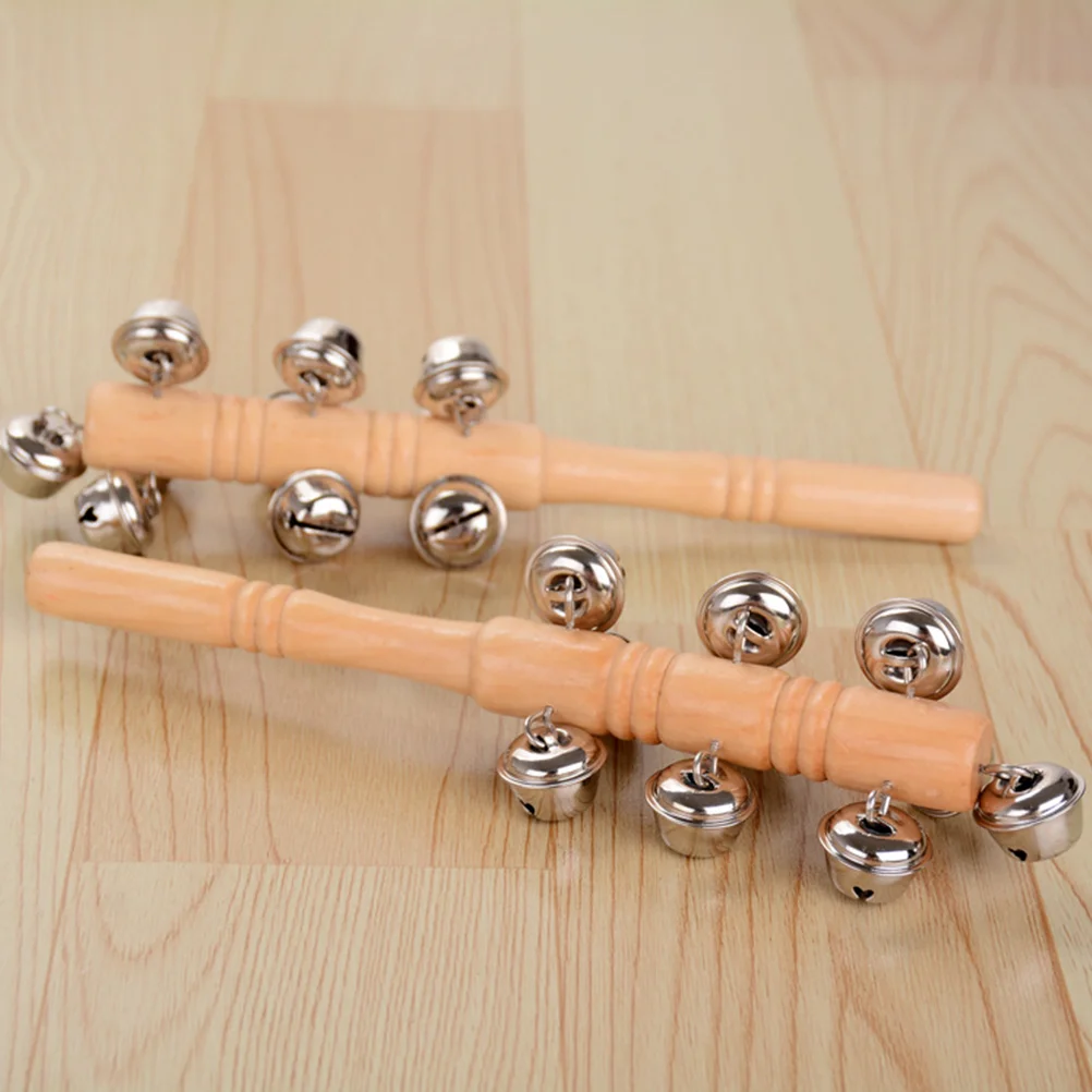 4pcs Baby Rattles Wooden Handle Rattles Baby Bell Handbells Prelearning Toys Hand Shaking Bell Music Toy (Wood Color)