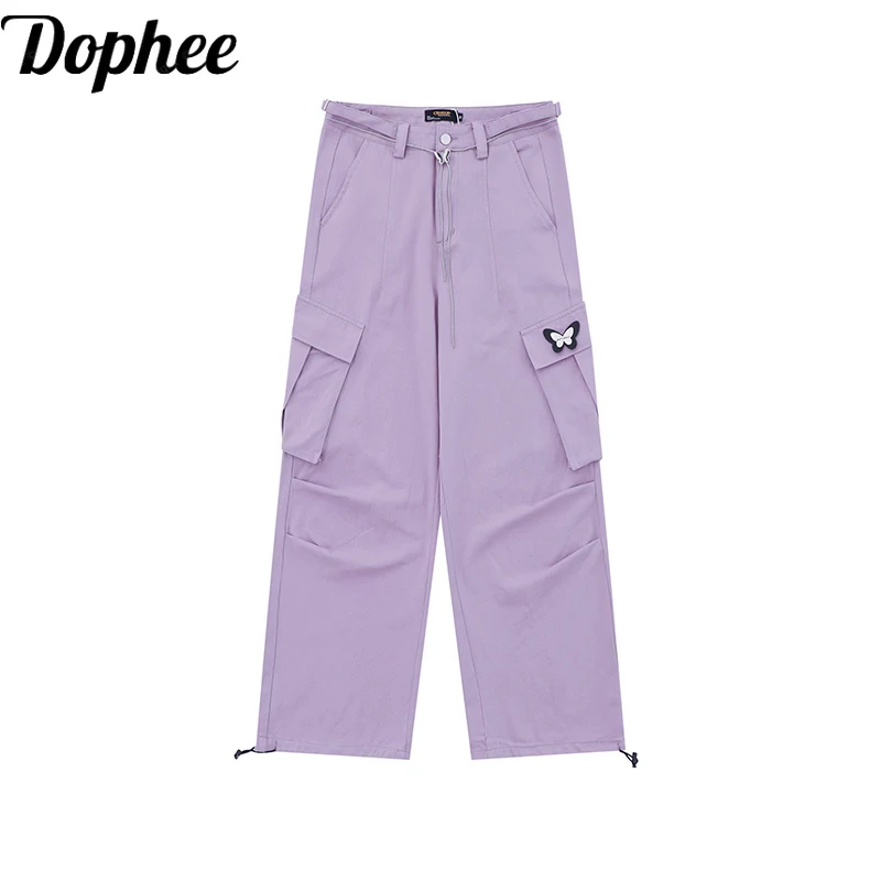 

Dophee Purple Cargo Pants for Women New Spring Summer High Street Multi Pockets Loose Straight Pants Butterfly Waist Chain