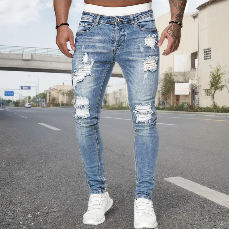 Trendy Men's Slim Fit Jeans Casual Pants with Hole Design Street Style mid Waist Zipper Closure Four Seasons Wear