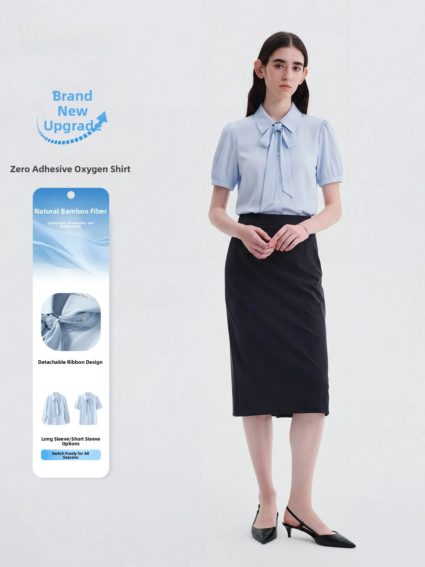 

Blue Bamboo Fiber Shirt Women's Removable Knot Top Breathable Professional Work Uniform Set by LeLence