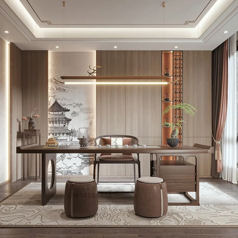 Современный новый китайский чайный столик и стул из цельного дерева, светлый роскошный чайный столик в стиле дзен, бытовой чайный столик для заваривания, офисный стол