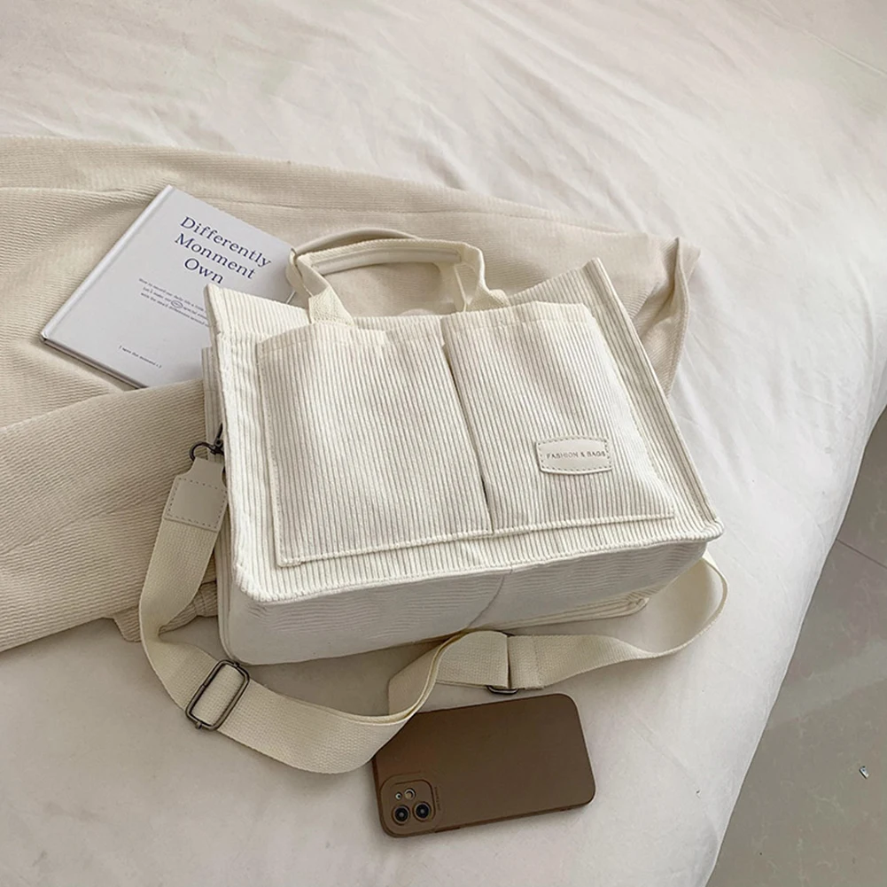 

Casual Handbag Multi Pocket Tote Bag Simple Women Hobo Bag Corduroy Travel Shoulder Bag for Daily Office Use Solid Color Handbag