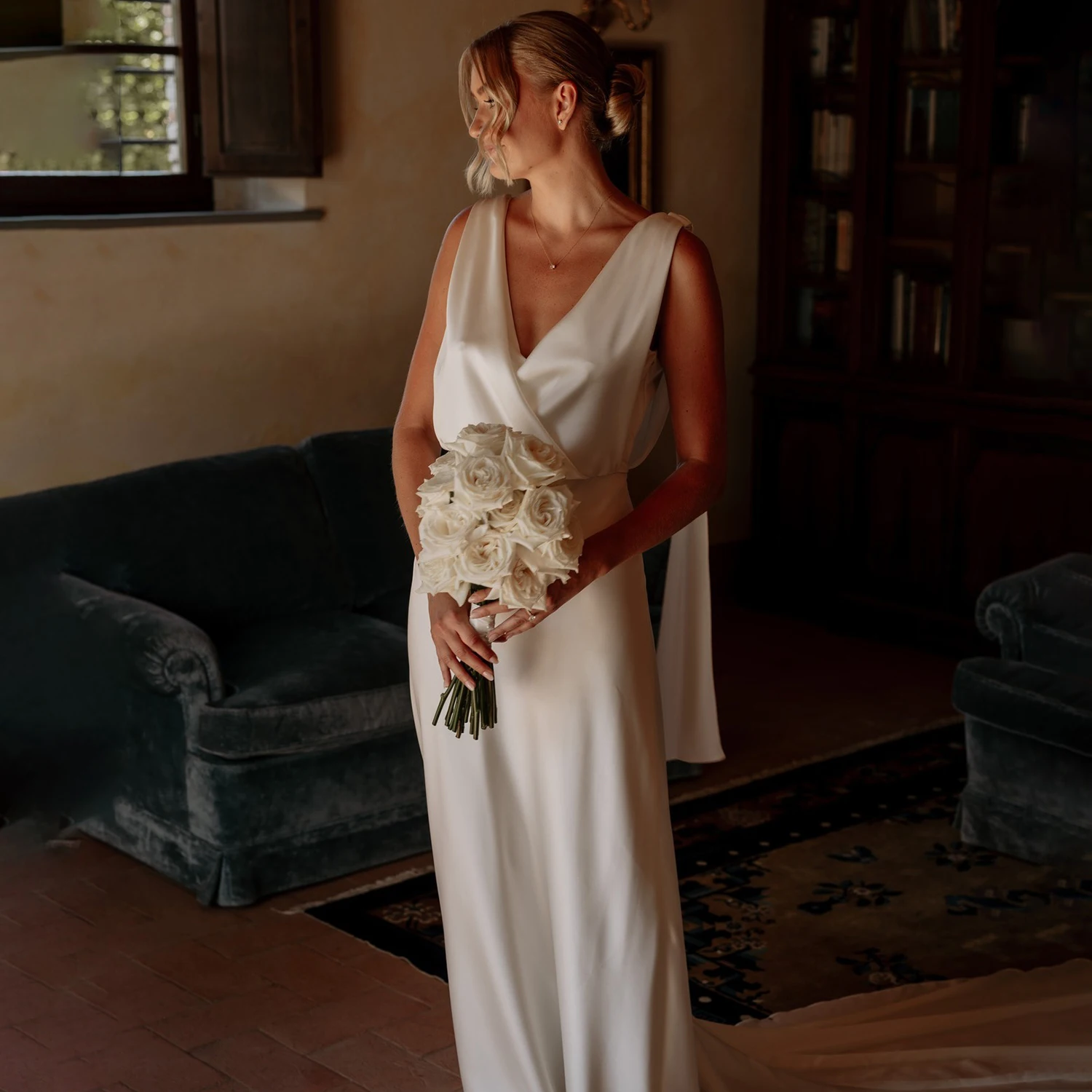 A Line Drape Satin Customized Wedding Dress Long Train Shoulder Wing Cross Made To Order V Neck Sleeveless Simple Bridal Gowns