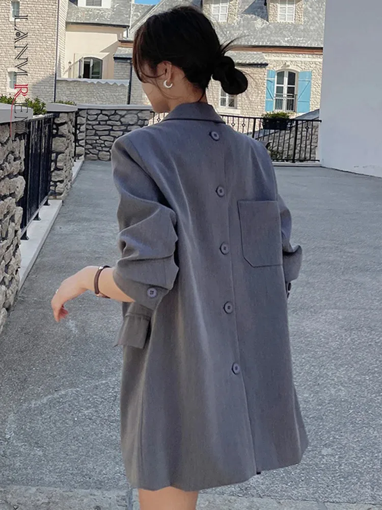 LANMREM Women Casual Blazer Notched Long Sleeves Single Breasted Pockets Design Loose Coat 2024 Verstile Clothing 2Z1006