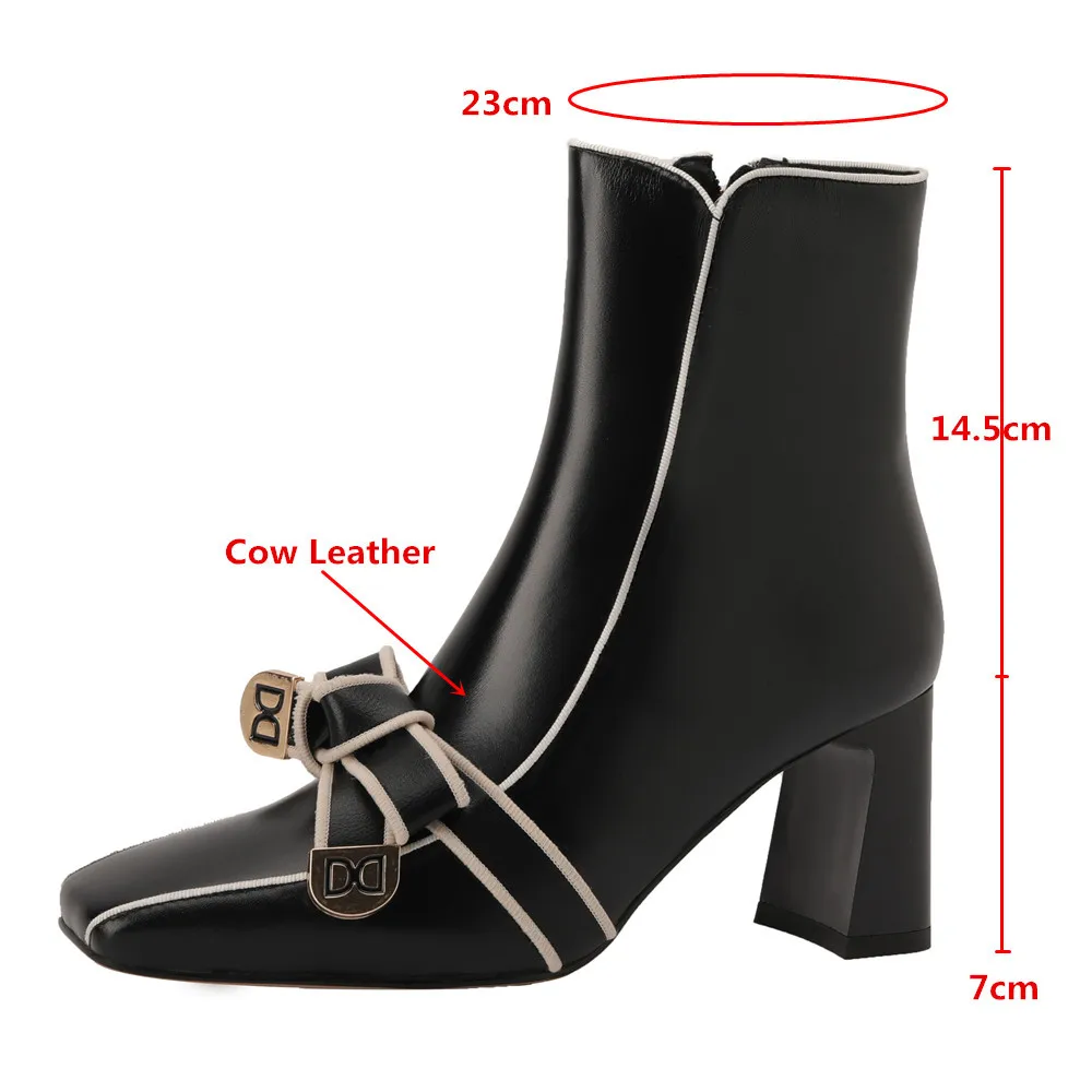 MILI-MIYA Butterfly Knot Women Cow Leather Ankle Boots Square Toe Thick Heels Zippers Solid Color Handmade For Ladies