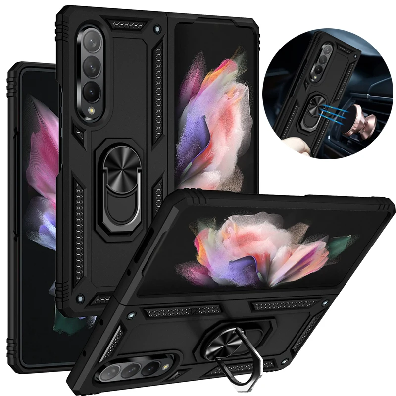 For Samsung Galaxy Z Fold3 5G ZFlod3 Case Magnetic Car Holder Ring Stand Shockproof Armor Phone Case For Sumsung Z Fold 3 Cover