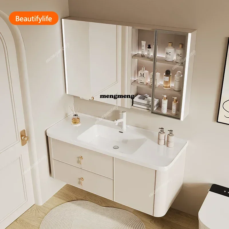 Mueble de Baño de Cerámica Estilo Nórdico Crema, Diseño Moderno y Simple, Espejo de Baño, Muebles para el Hogar, Muebles de Baño