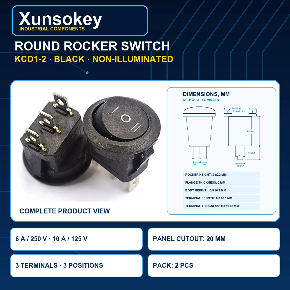 Round Rocker Switch, 2‑Pin, 20mm Hole, 6A 250V, Red/Green/White/Black, Power Button Toggle Switch