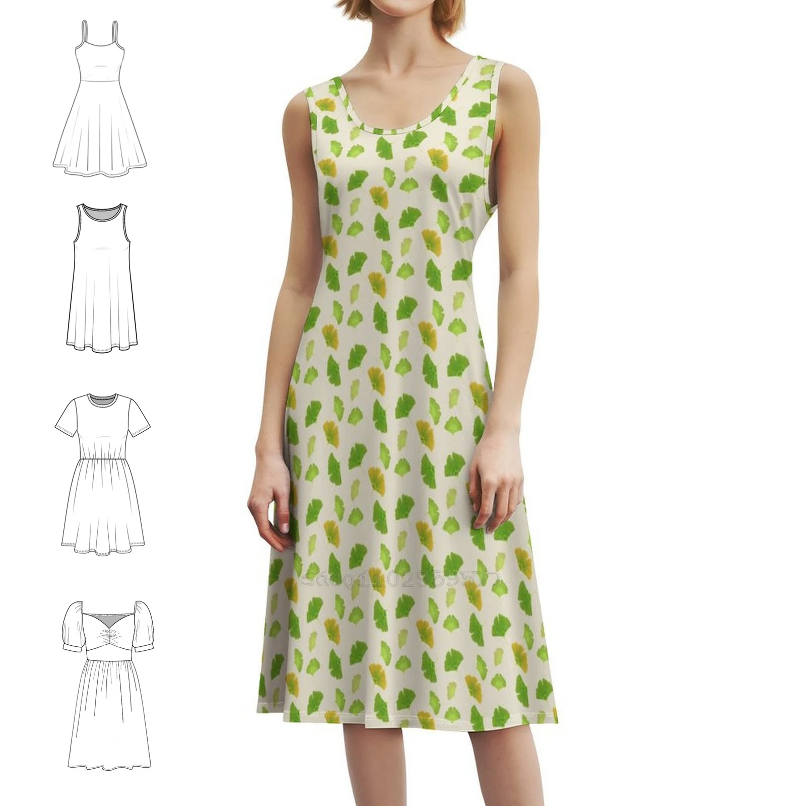 Vestido bohemio sin mangas con hojas de Ginkgo Biloba, vestido de fiesta para vacaciones en la playa con múltiples estampado, Ginkgo Gingko Ginko Biloba botánico
