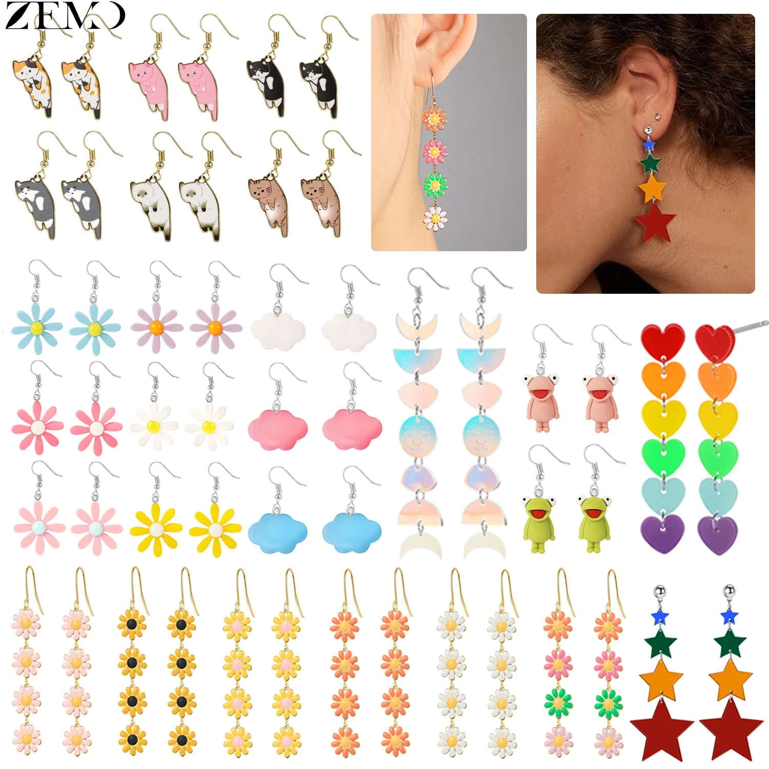 ZEMO 1 Pair Cute Long Pedant Earrings For Women Girls Rainbow Dangle Earring Star Magritte Cat Cloud Frog Ear Piercings Jewelry