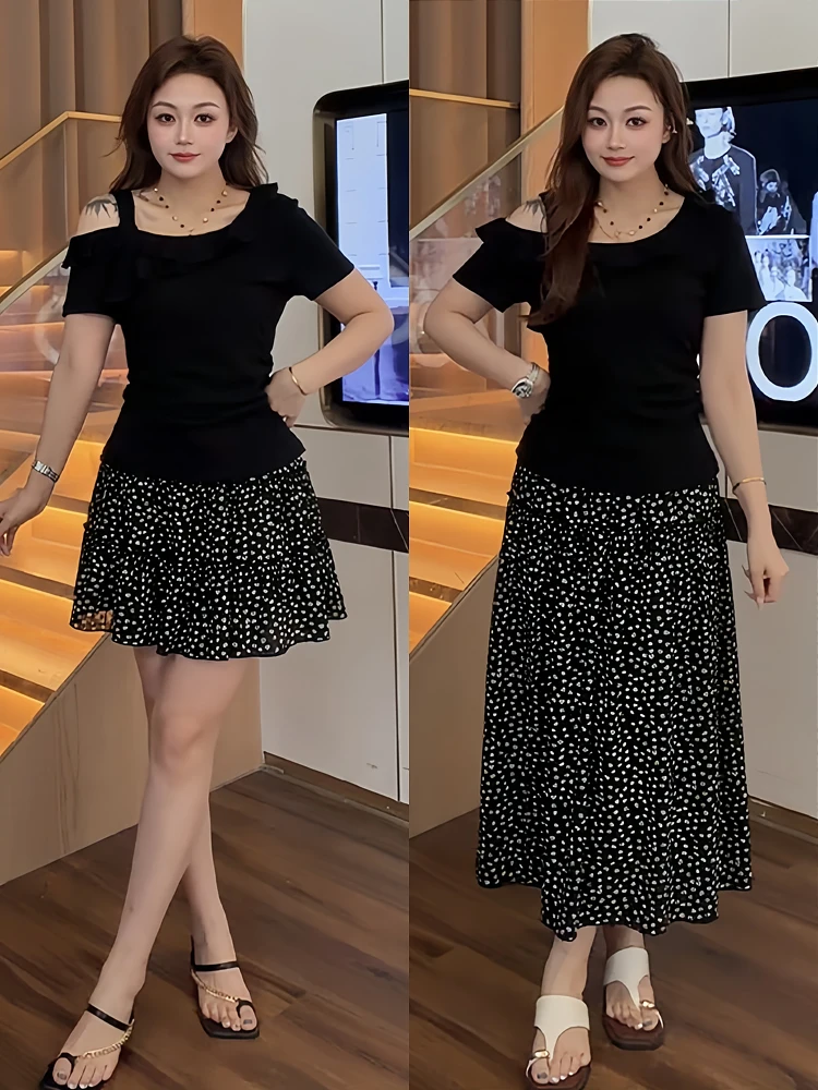 

plus Size Women's Fashionable Summer Outfit Shoulder Bared Short Sleeve Floral Print Half Skirt High Waist A-Line Skirt Korea...