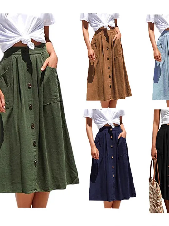 

Повседневная юбка трапециевидной формы средней длины, весна-лето 2023, новинка 2023, женская винтажная хлопковая юбка с высокой талией и пуговицами