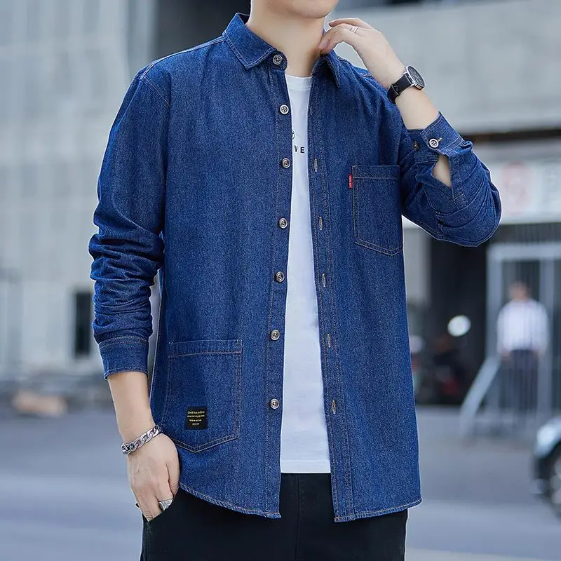 Korean Style Loose Men\'s Cotton Denim Shirt 2023 Spring Autumn Casual All-match Long-sleeved Thin Jean Jacket Classic Brand Tops