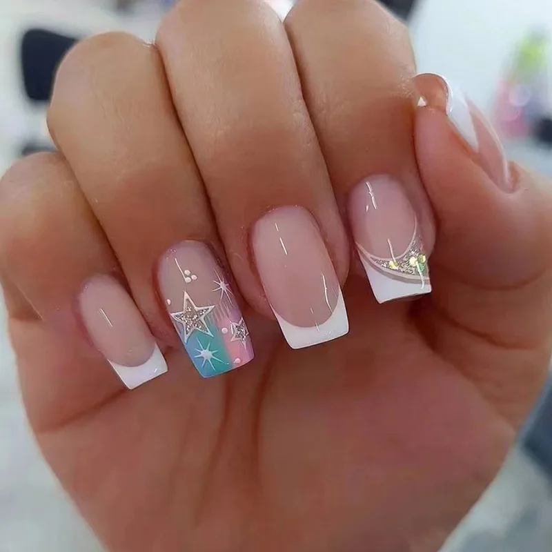 Unhas postiças com cabeça quadrada, curto, médio, branco, azul, projetos estrela, cobertura completa, arte, unhas postiças, destacável, 24 pcs/set