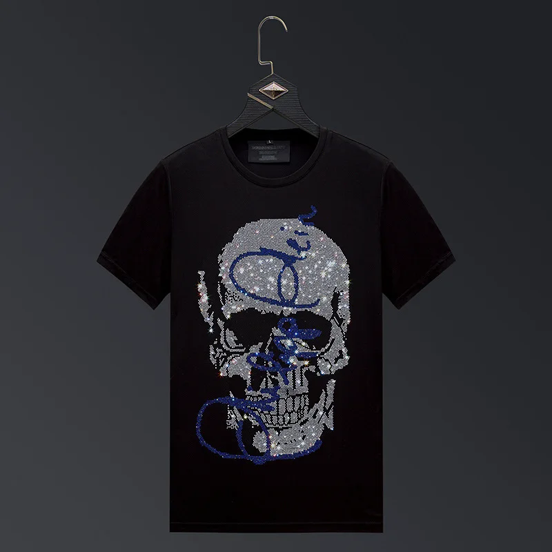 

Men's Rhinestones Skulls T-Shirt, O Neck, Short Sleeve, Thin, Cool, Elastic Cotton, Casual Streetwear, Summer Clothes, Fashion