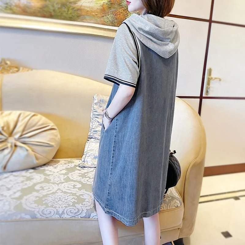 Women Korean Style Denim Patchwork Drawstring Pockets Midi Dress Summer Trendy Casual Streetwear Oversized Y2K Dresses Vestidos