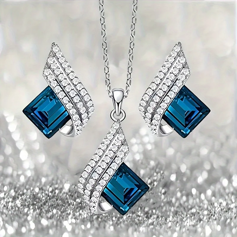 3pcs/set Shining Angel Wings Blue Crystal Pendant Necklace Earrings SetBirthday GiftsAnniversary Party Gifts Jewelry Niche Style