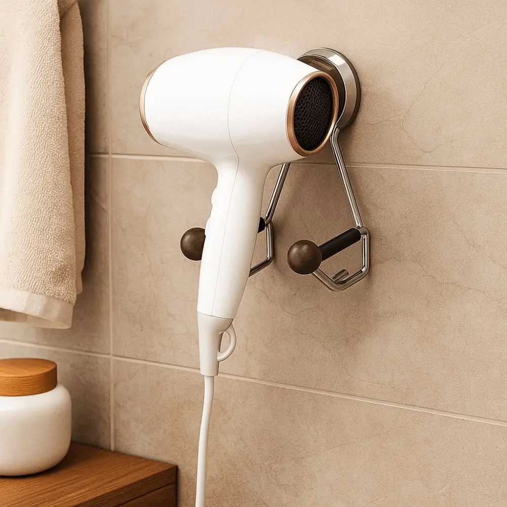 

Wall Mounted Hair Dryer Rack Space Saving Adjustable Stainless Steel Storage Rack Wood-Look Suction Cup Style