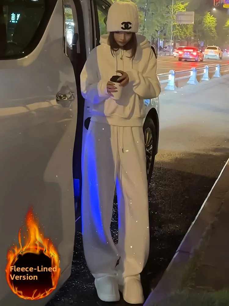

Fashionable Casual Fleece Lined Long Sleeve Hoodie And Wide Leg Pants Two Piece Set for Women Spring 2026 High Waist Loose Fit