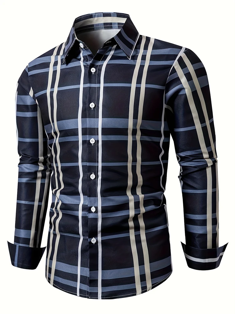 New Men's Lapel Button Down Shirt Spring Casual Design Long Sleeve Business Shirt Comfortable Plaid Colorblocking Men's Tops