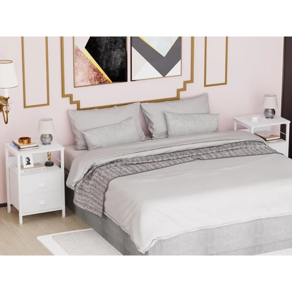 Nightstands Set 2, End Table with 2 Fabric Drawers, Bedside Table with 2 Hooks, Open Wood Shelf Side Sofa Table for Bedroom image 4