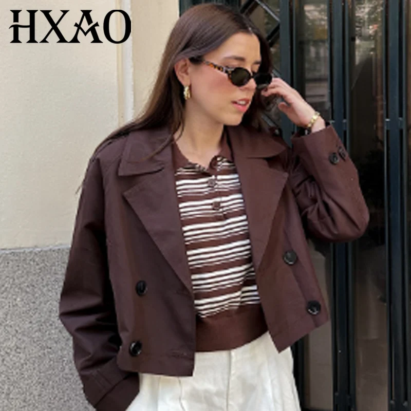 

HXAO Crop Oversized Outerwears Women's Jacket Autumn Spring 2026 Chic Double-Breasted Long Sleeve Tops Korean Climate Many Coats
