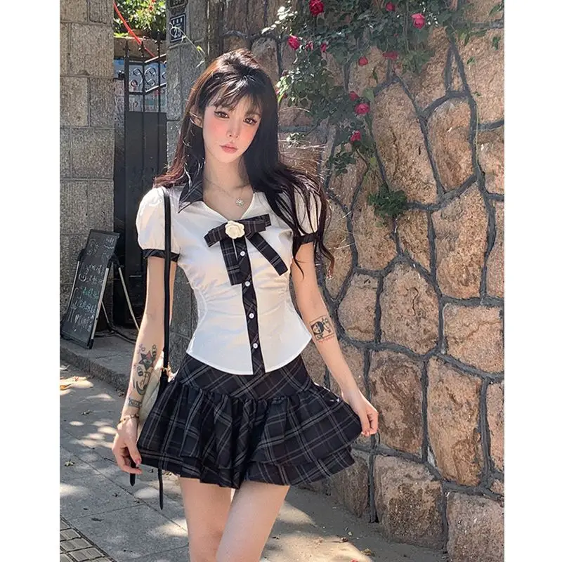 

2025 korean academy style jk uniform set women's summer color blocked high waist skirt sweet puff sleeved simple versatile shirt