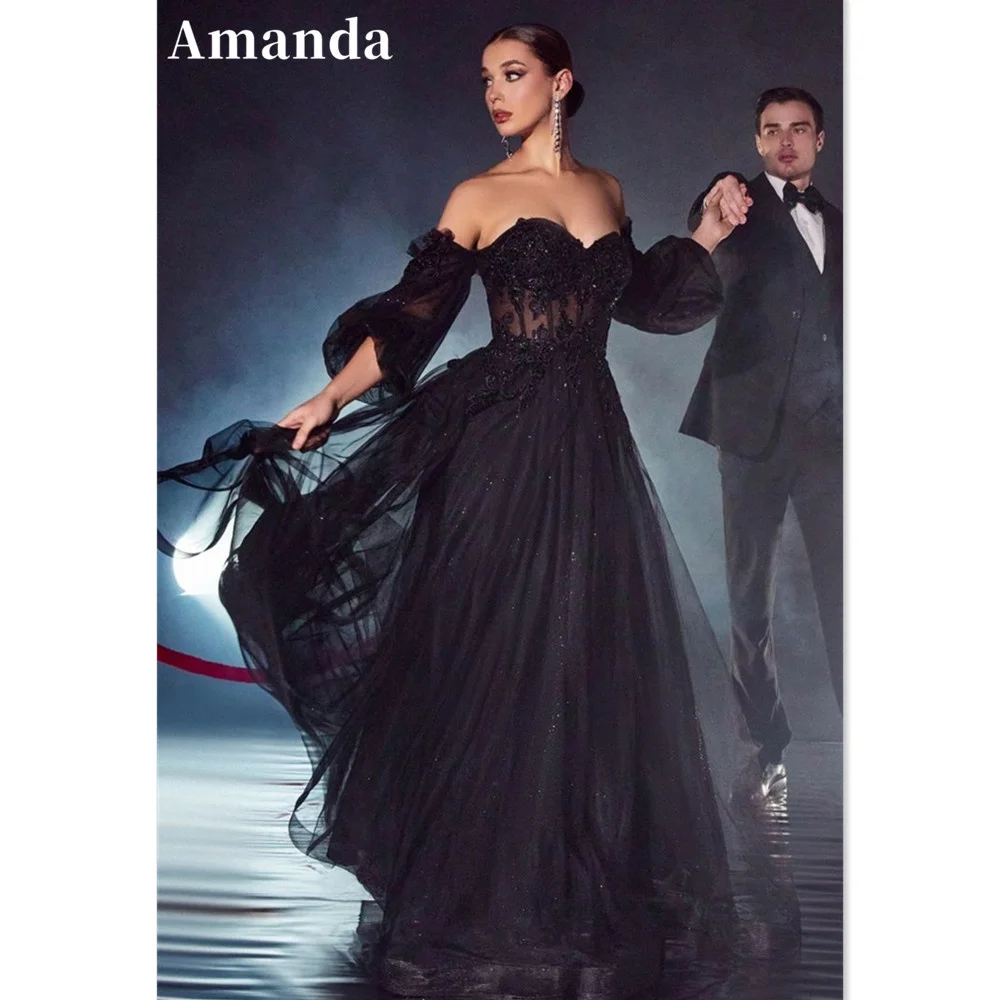 

Amanda Puffy Sleeve Vestido De Novia Sexy Sweetheart Prom Gown Black A-line Prom Dress Princess Lace Embroidery فستان سهرة