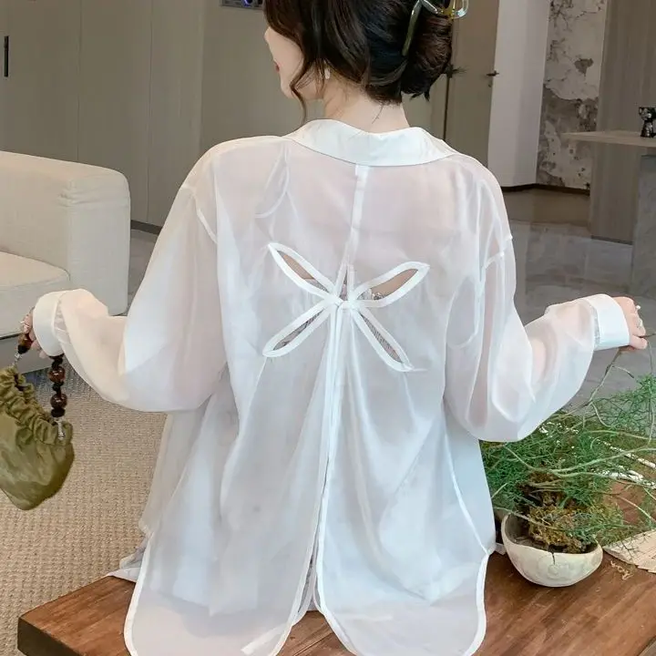 

Summer Hollow-out Long Sleeve Blouse Women's Loose New Style Back Open Sweater Ribbon Design Fashionable Shirt