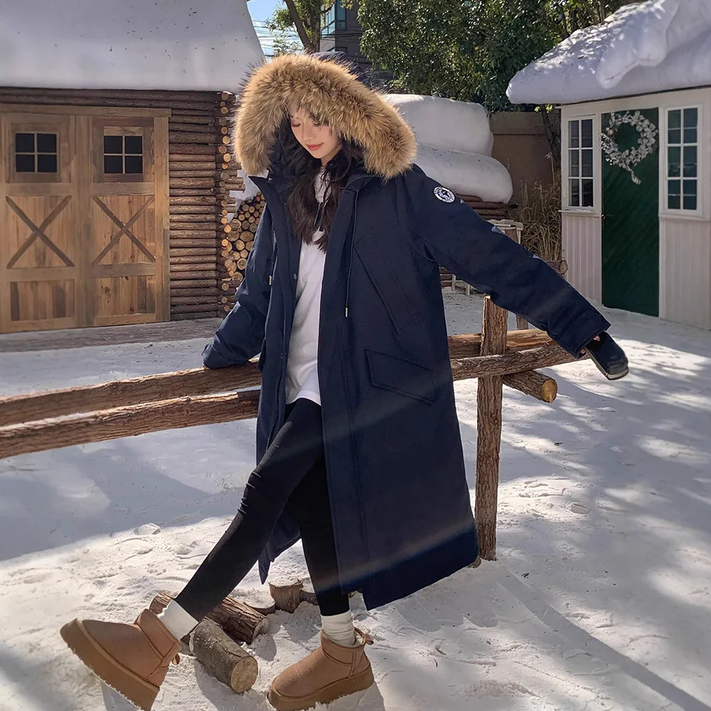 2025 Winter New Stormtrooper Coat Cotton Jacket Loose Down Cotton Jacket Long Cross Knee Big Wool Collar Cotton Pie Overcomes Wo
