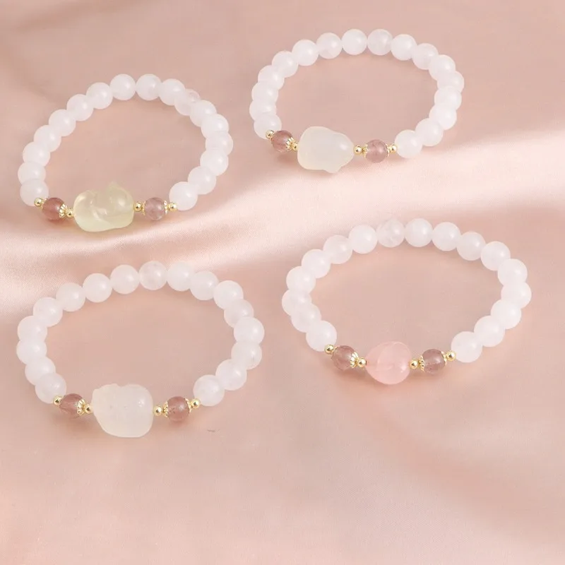 Minar Kawail Multiple White Natural Stone Crystal Jade Floral Coin Bear PI XIU Flower Cat Heart Rabbit Strand Bracelets Women