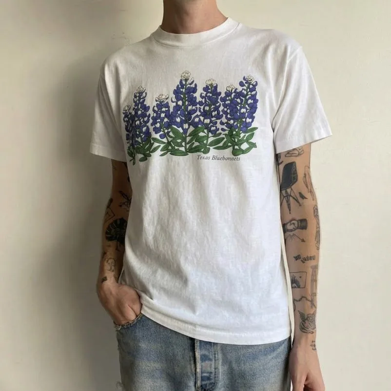 Healing Style American Country Flower T-Shirt Short Sleeve Couple Cotton Comfortable Breathable round Neck Summer Top